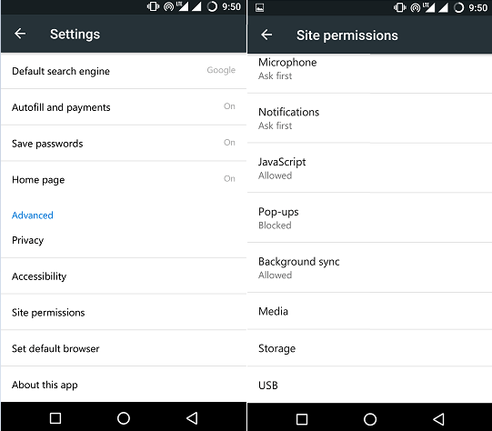 Paramètres des autorisations du site dans Edge pour Android