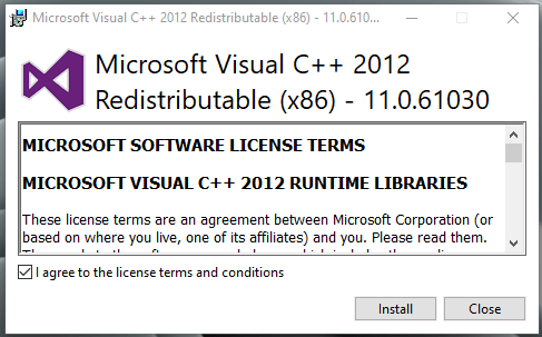 Esegui il pacchetto Visual C++ 2012 Redistributable come amministratore e installalo