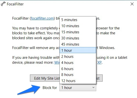 Specifica il limite di tempo per bloccare il sito