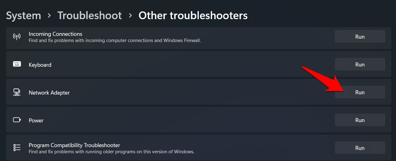 ejecutar solucionador de problemas del adaptador de red windows 11