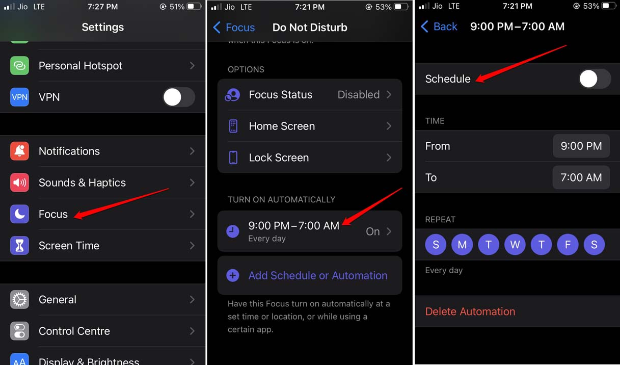 desativar programação do modo Foco do iOS