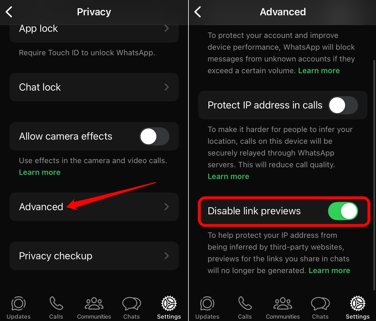 disabilita anteprima dei link in WhatsApp iOS