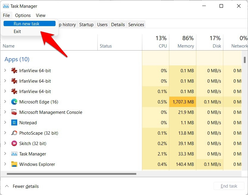 Neue Aufgabe über den Task-Manager ausführen