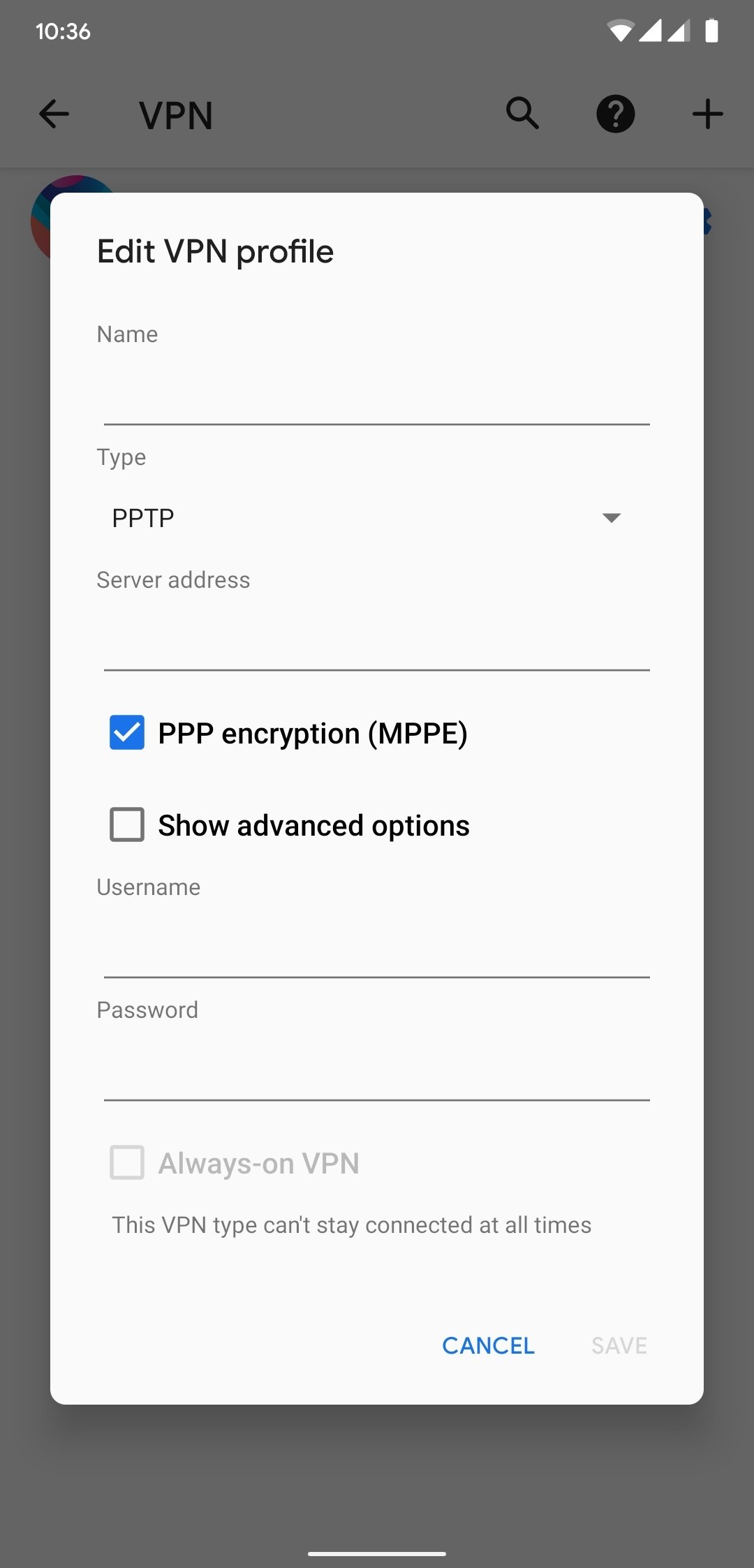 Aggiungi profilo VPN