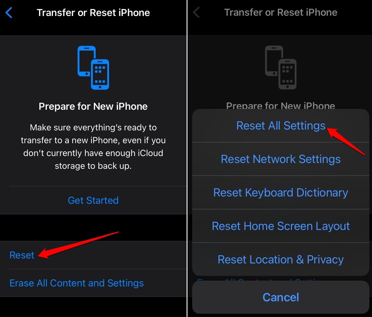 restablecer todas las configuraciones de iOS