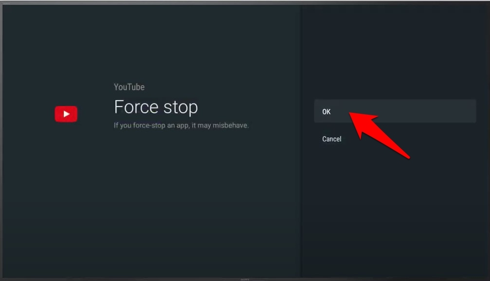 confirmation de forcer l'arrêt de youtube android tv