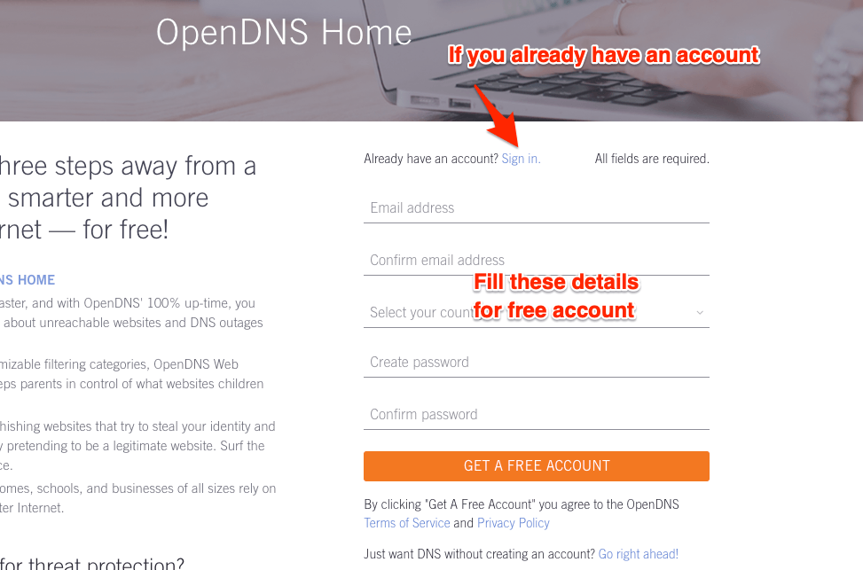 OpenDNS 가입 양식