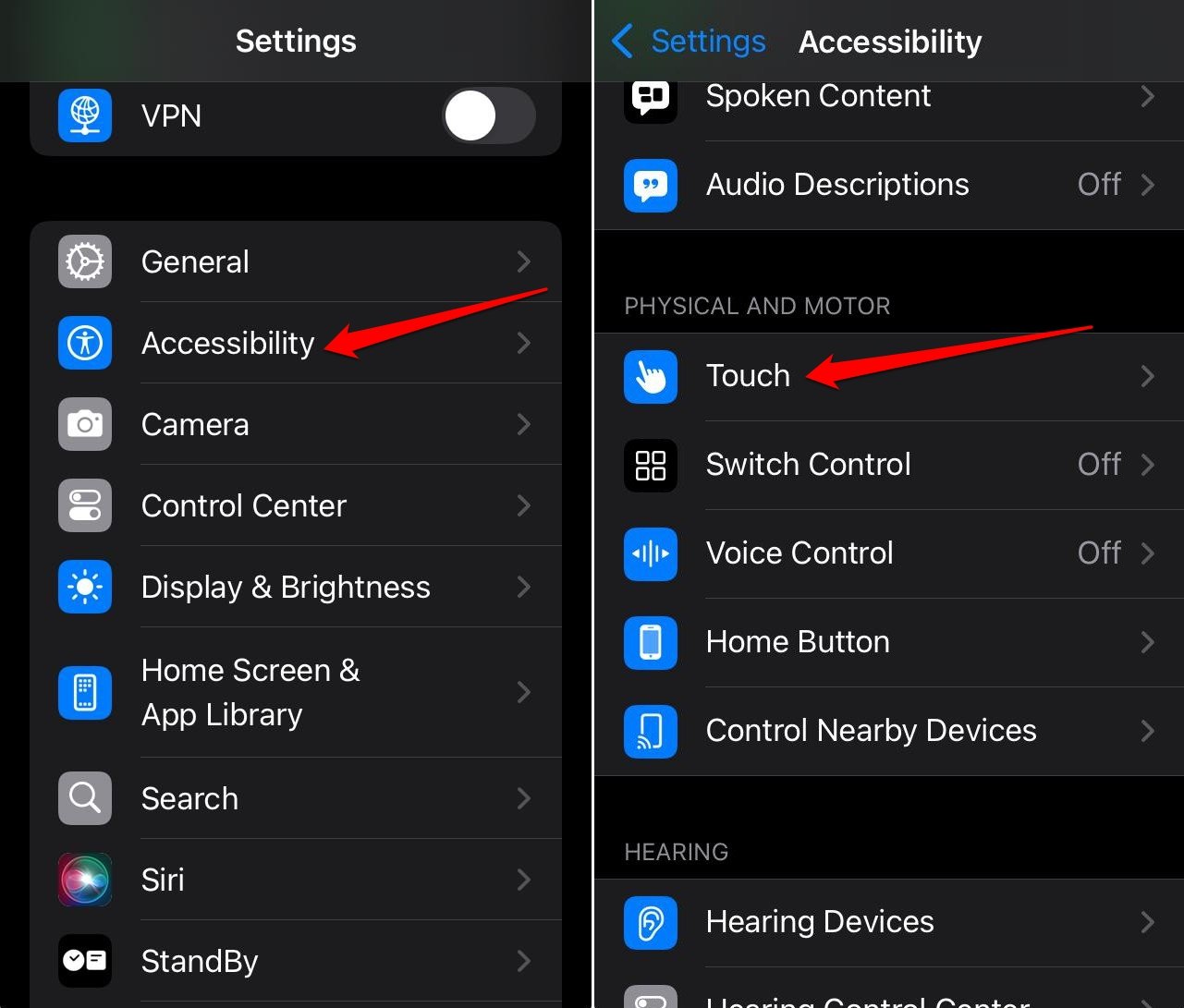 paramètres d'accessibilité Toucher iOS