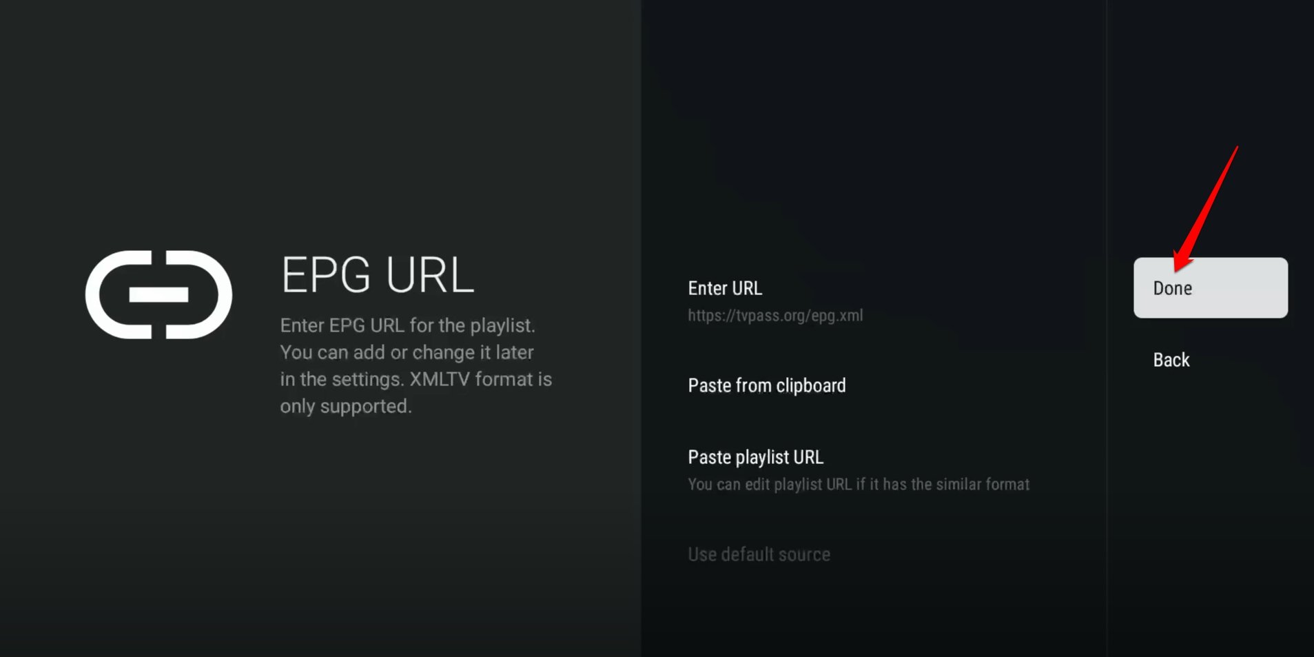 TVPassチャンネルプレイリストをロードするために完了を押す