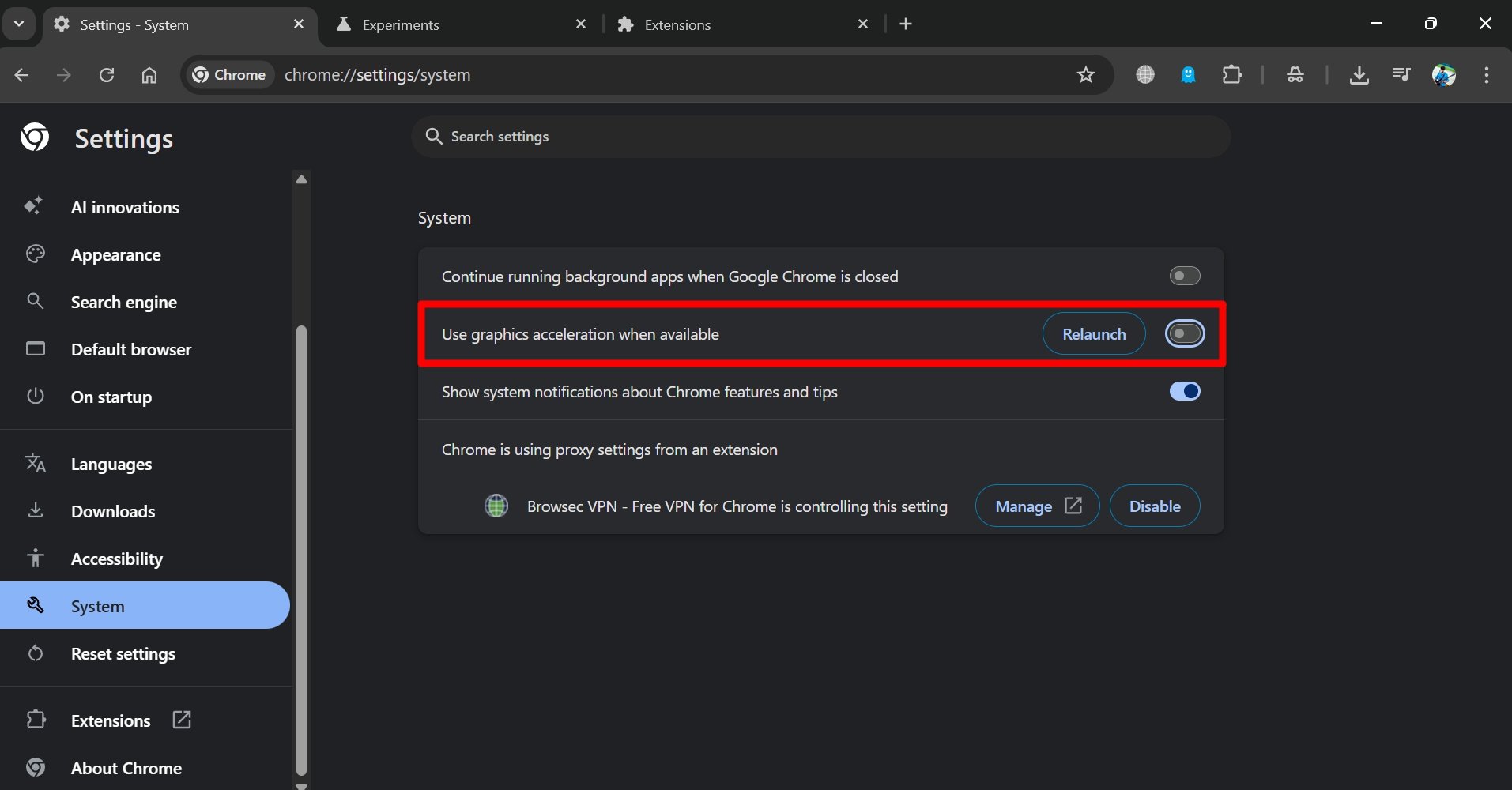 disattivare l'accelerazione grafica nel sistema del browser Chrome