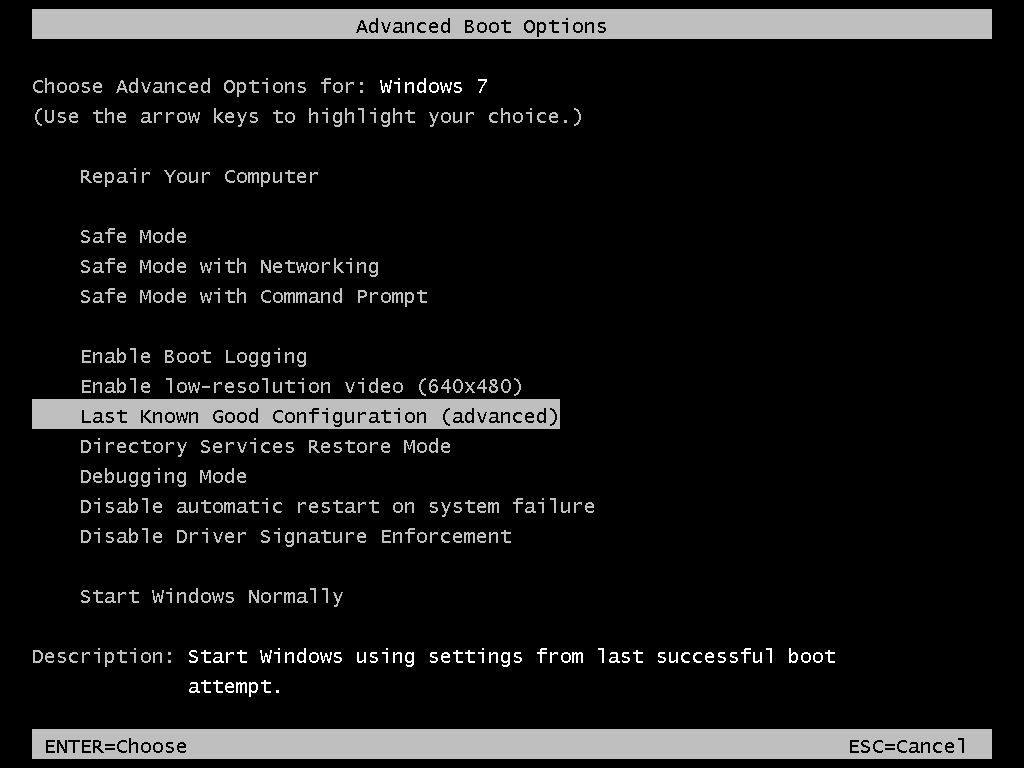 Opzioni di avvio avanzate Windows 7