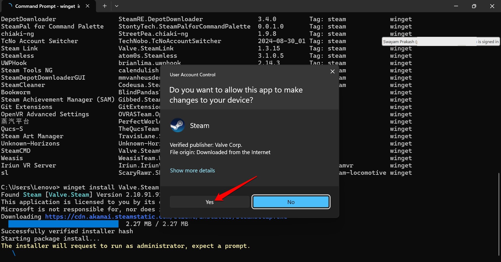 Wingetを通じてSteamをインストールすることを受け入れる