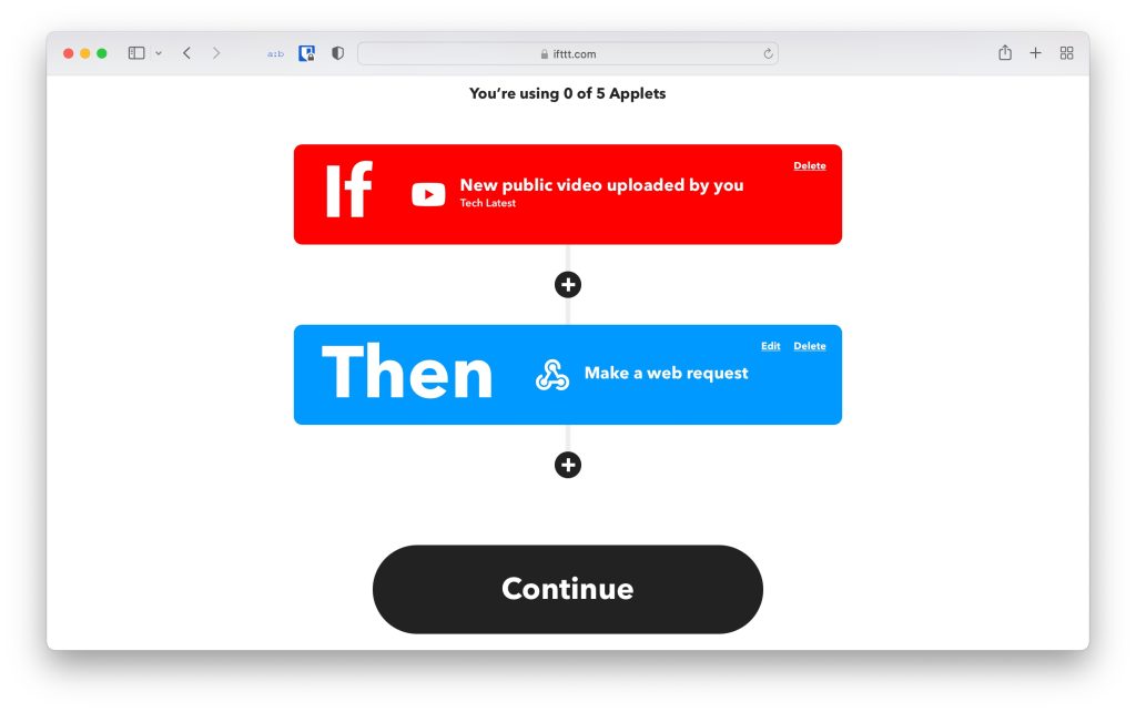 Bouton Continuer IFTTT - Webhook Discord YouTube