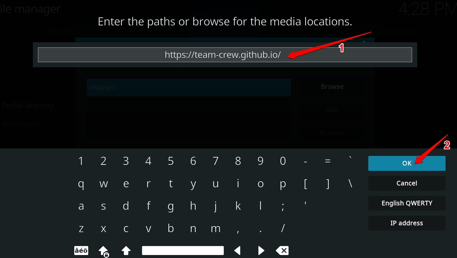 insira a URL do repositório do add on do Kodi