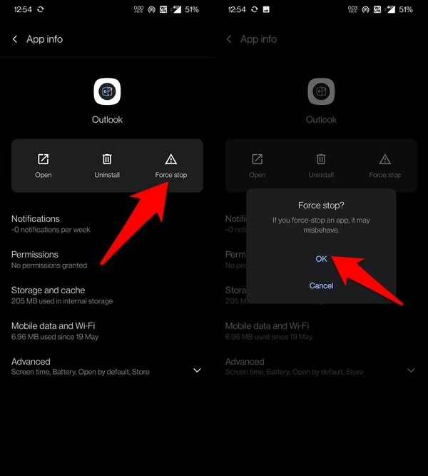 AndroidでOutlookアプリを強制停止