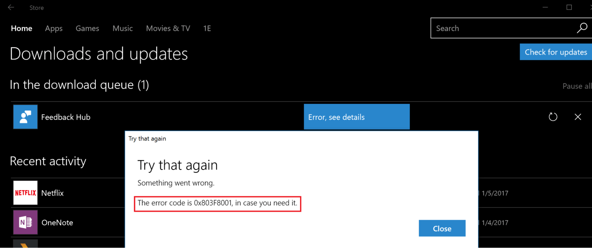 Microsoft Store Error code 0x803F8001
