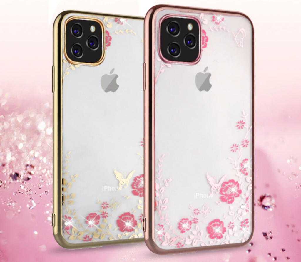 iPhone 11、iPhone 11 Pro、iPhone 11 Pro Max用グリッターダイヤモンドフラワークリアソフトシリコンケース