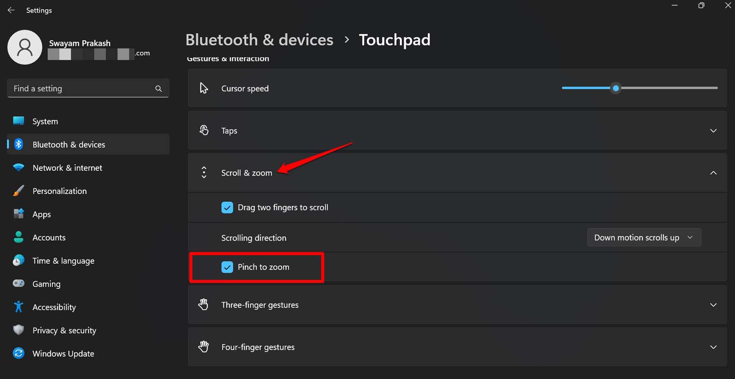 abilita zoom a pizzico su Windows 11