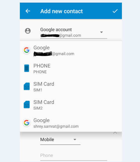 Seleziona Google Account sotto Altri Campi e salva il Contatto