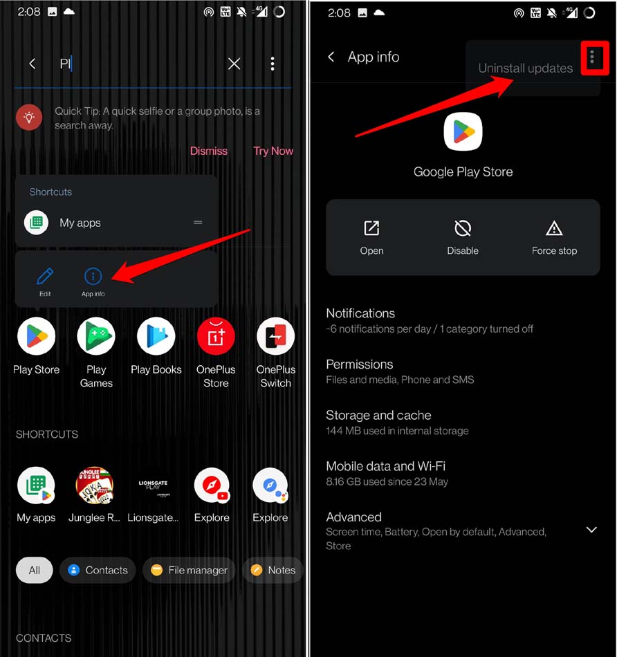 disinstalla aggiornamenti del playstore