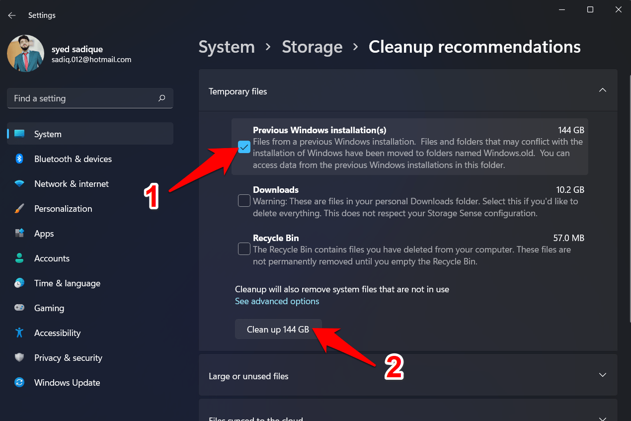 elimina la cartella windows.old in windows 11 tramite raccomandazioni di pulizia