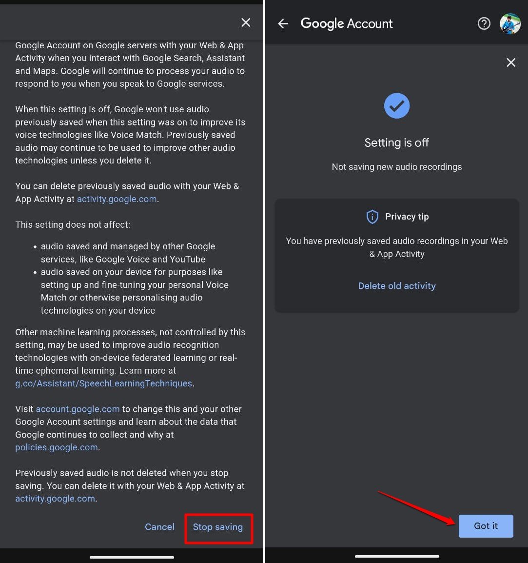 desactivar actividad de audio y voz en la aplicación de Google