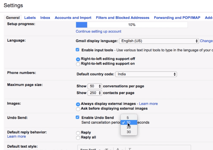 Option Annuler l'envoi dans les paramètres généraux de Gmail