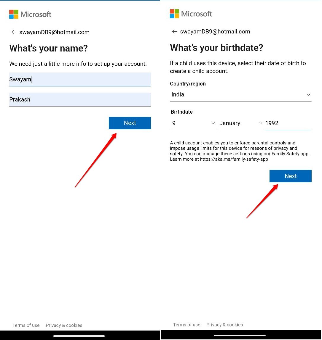scegli un nome e una regione per l'account hotmail