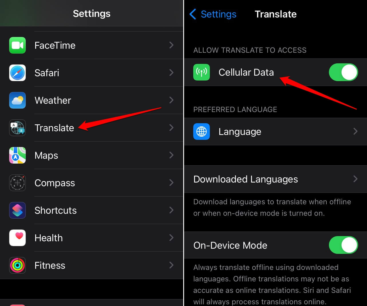 habilitar datos móviles para la aplicación de traducción de iOS