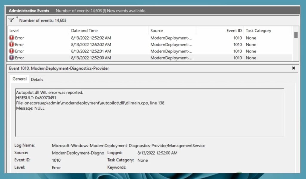 Se informó un error WIL de Autopilot.dll