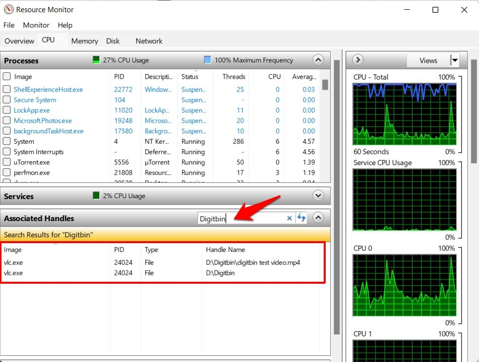 Trova il file o la cartella attualmente in uso in Windows 11 tramite il monitor delle risorse