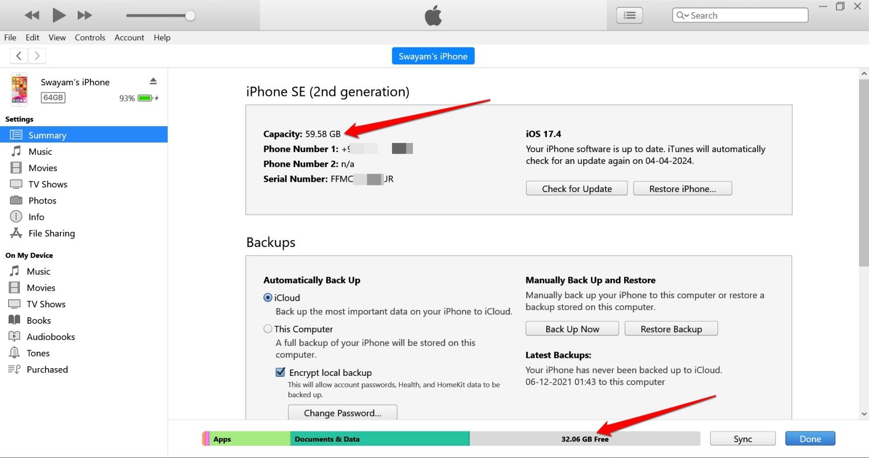 iTunesを使用してiPhoneストレージを確認