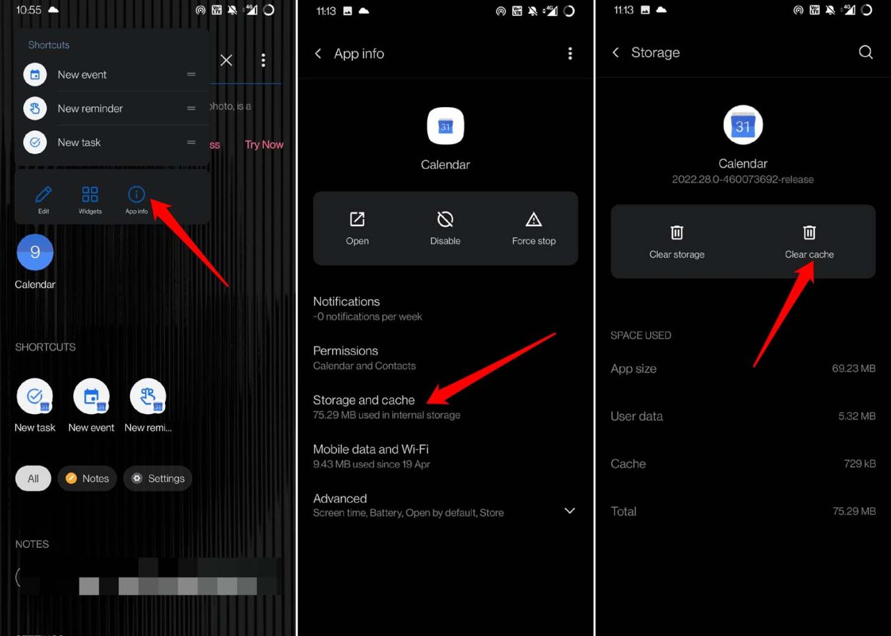 limpar cache do aplicativo google calendar