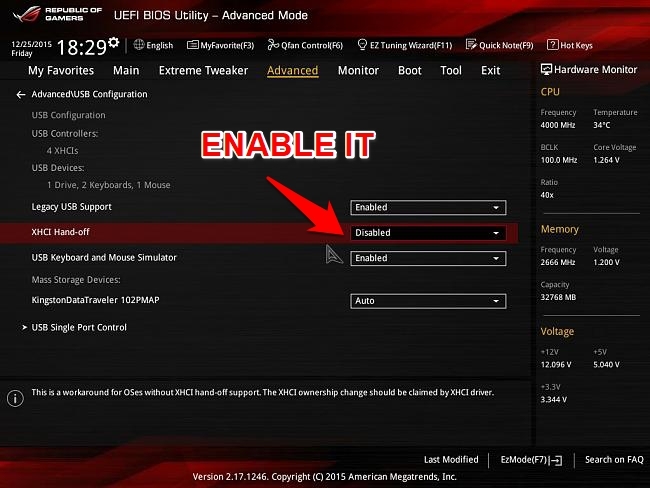 habilitar xHCI hand off no BIOS