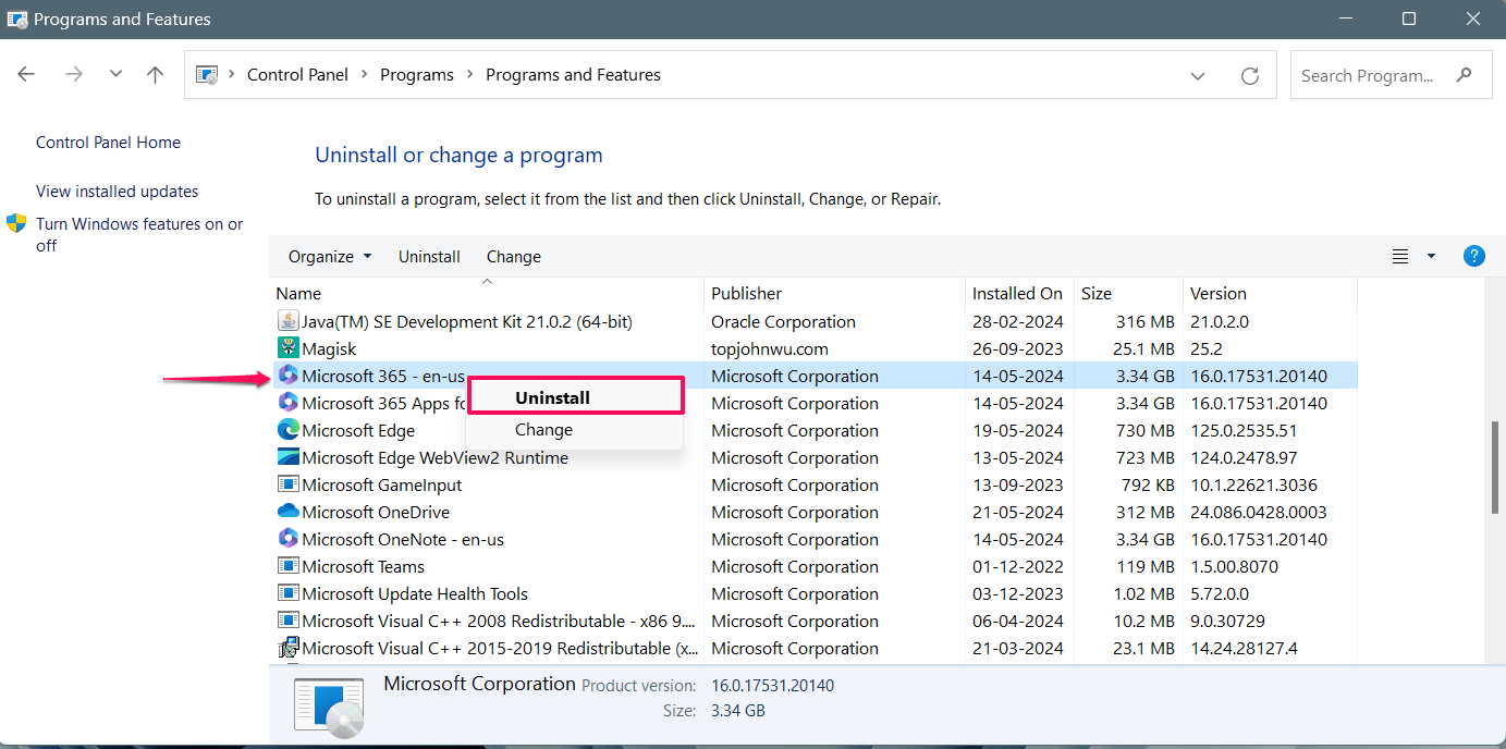 Haz clic derecho en Microsoft 365 Office y selecciona Desinstalar
