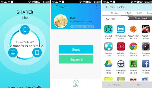 Screenshots der SHAREit-App für Android-Smartphones, die die Optionen Senden & Empfangen sowie Apps & andere Mediendateien zeigen, die geteilt werden können.