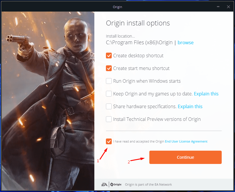J'ai autorisé l'installateur d'Origin à ajouter uniquement des raccourcis et puis cliquez sur l'option « Continuer »