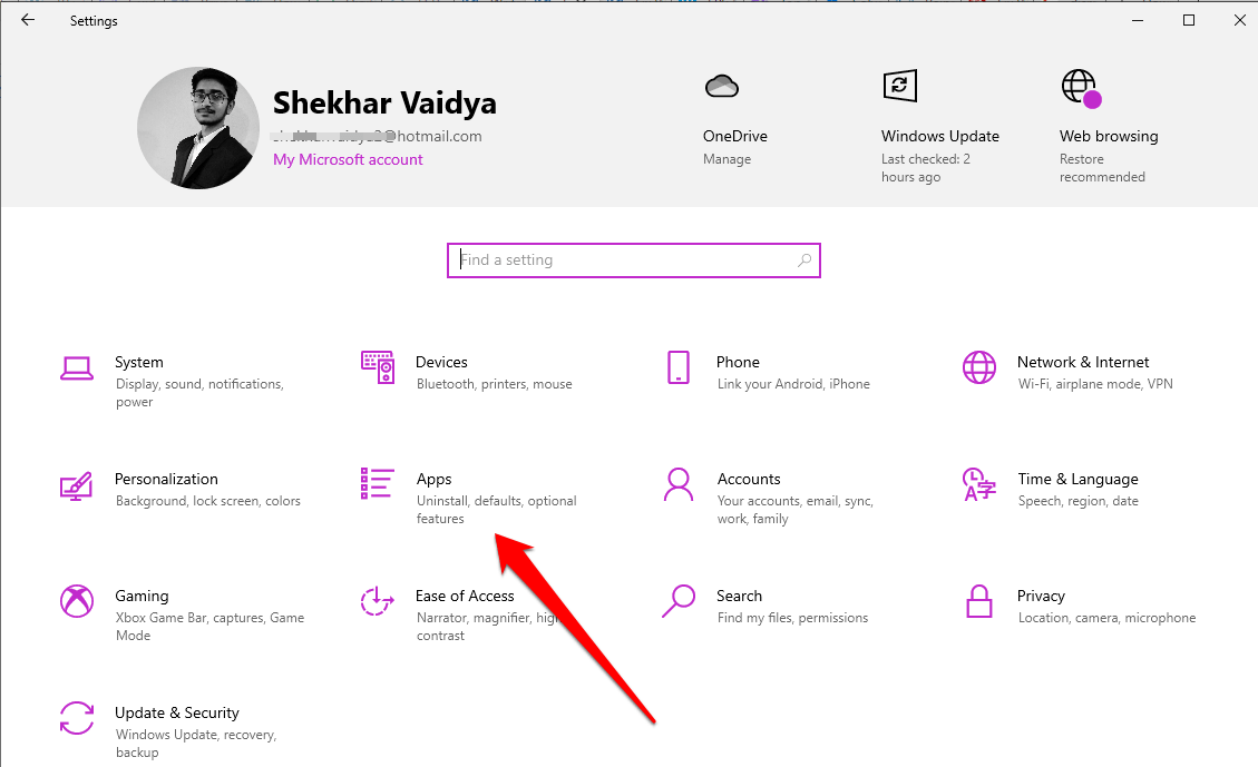 Cliquez sur Applications dans les paramètres Windows