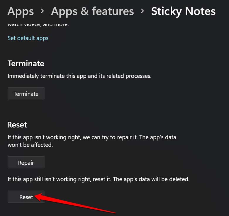 ripristina l'app sticky notes