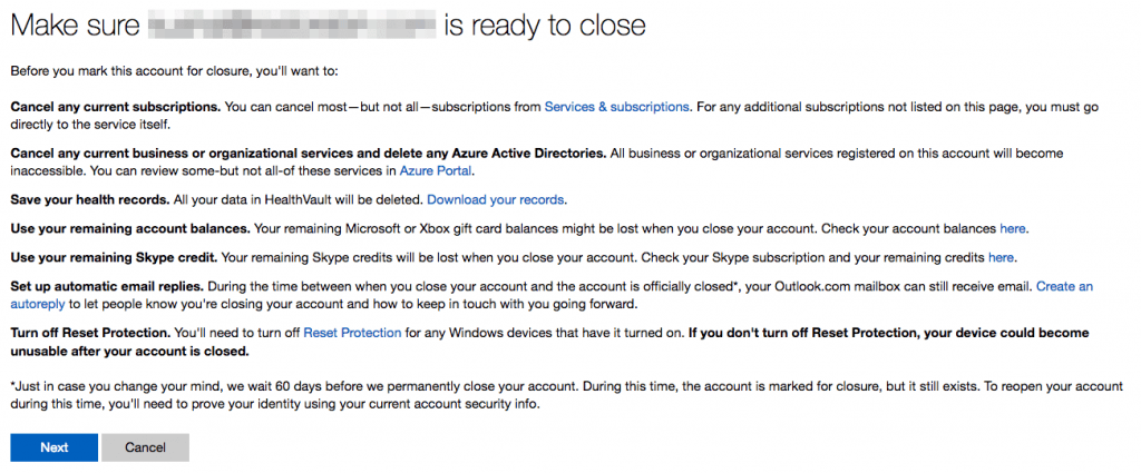 Confirmation de fermeture de compte Microsoft