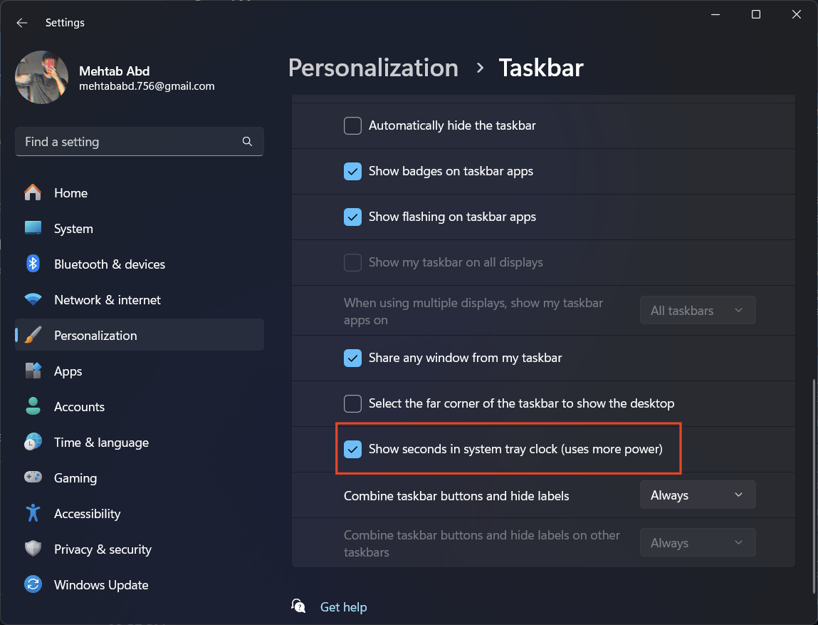 show seconds in system tray clock