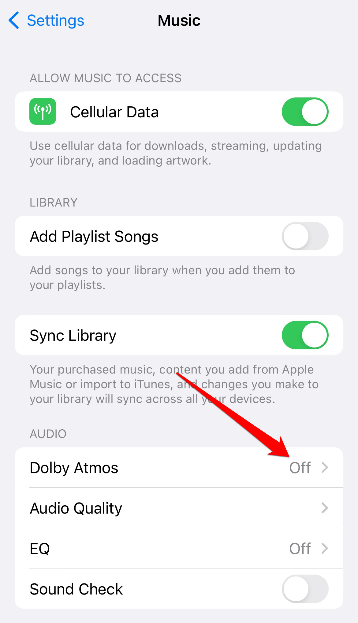 オーディオセクションでDolby Atmosをタップし、オフを選択します。