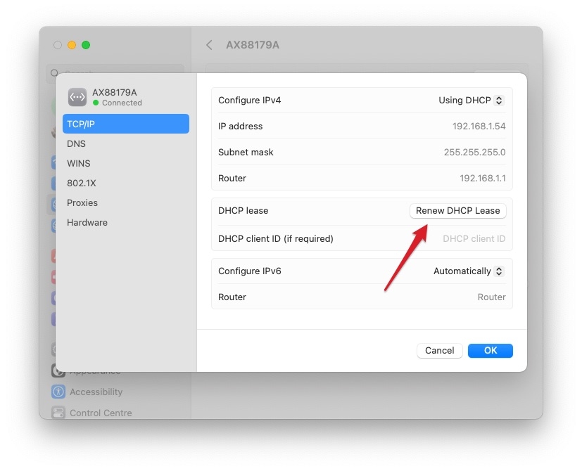 DHCPリースを更新 - Macの自己割り当てIPアドレスエラー