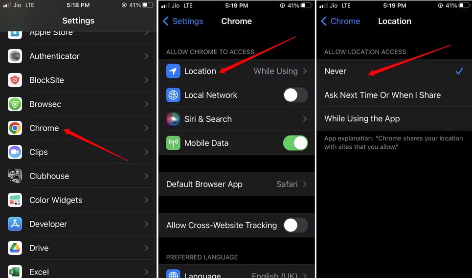 désactiver l'accès à la localisation pour un site Web sur Chrome iOS