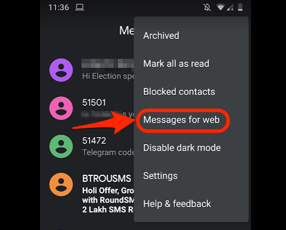 Messages für Web Android Telefon