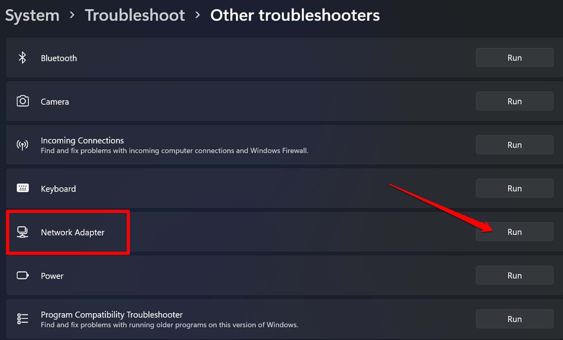 solução de problemas do adaptador de rede para Windows 11