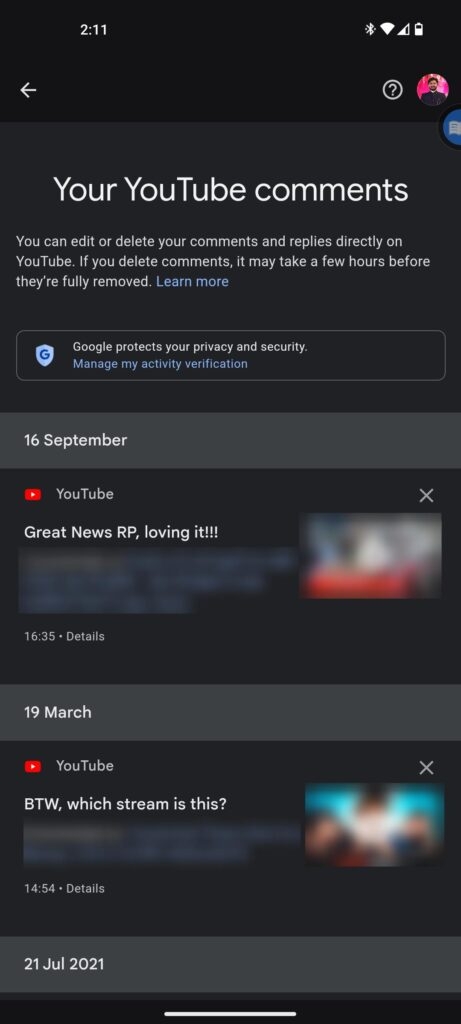 YouTubeのコメント履歴 Android