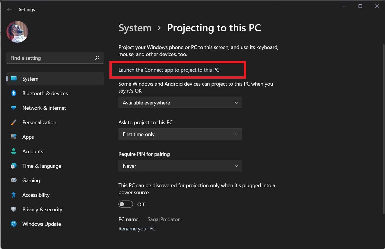 Avvia l'app Connetti per proiettare su questo PC