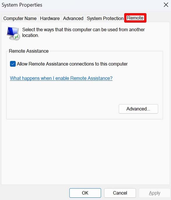 configurações de acesso remoto propriedades do sistema