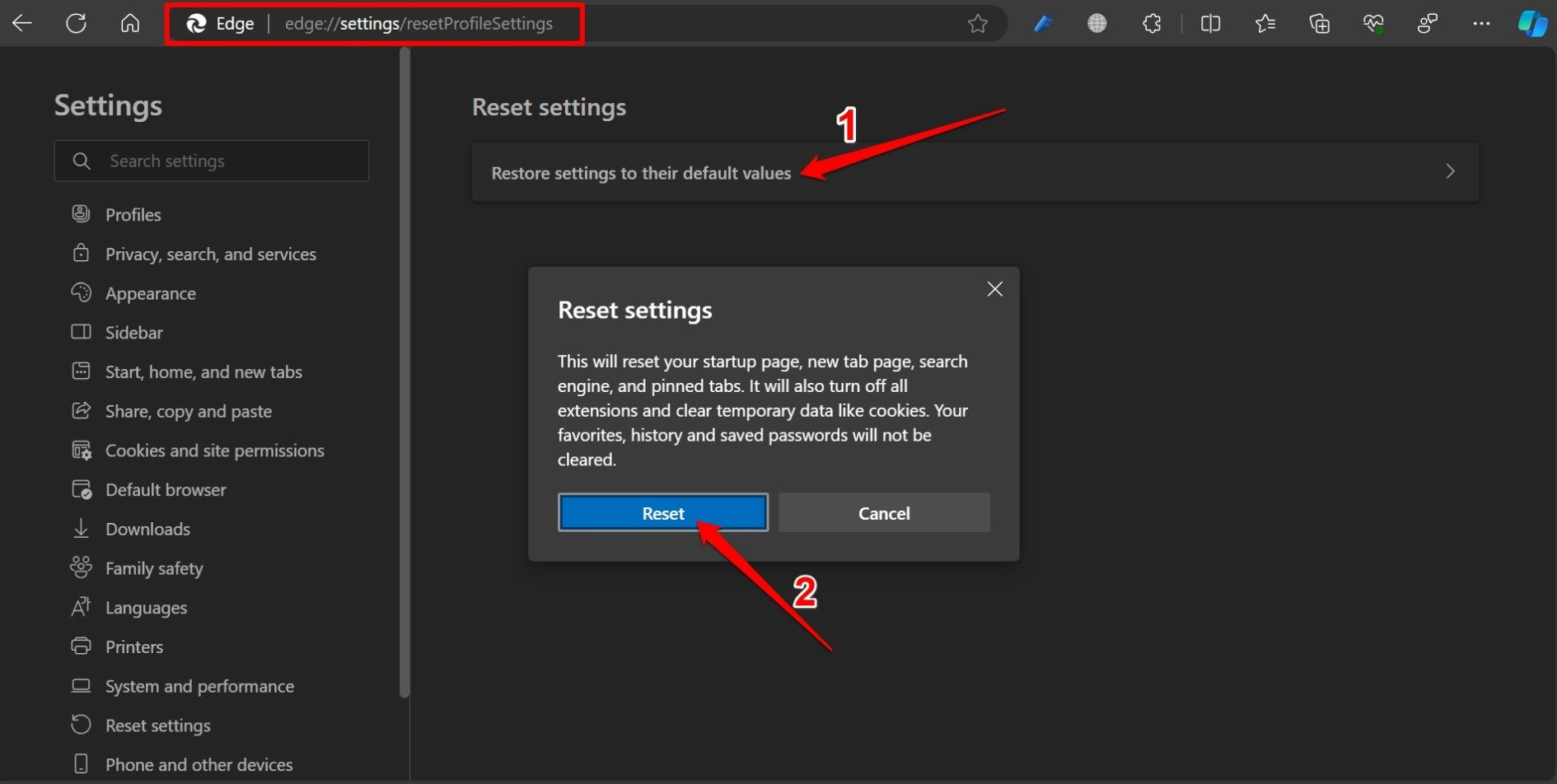 restablecer configuraciones en el navegador Edge